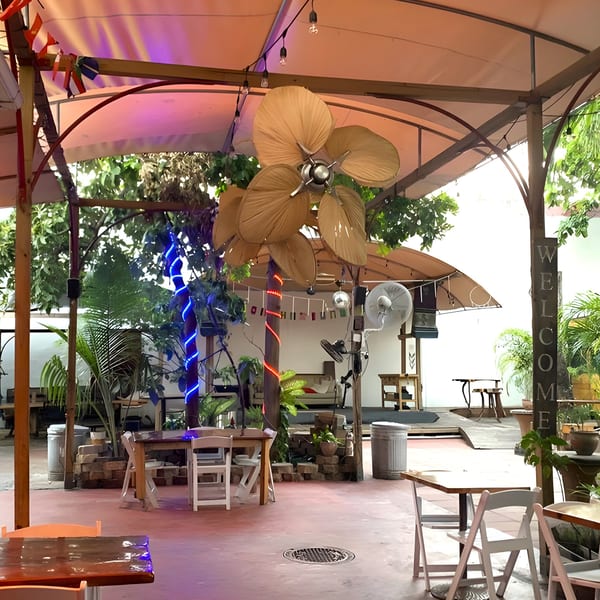 Outdoor dining area at Naomi's Garden with a large fan, string lights, and lush plants.