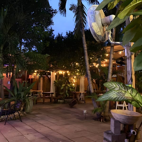Naomi's Garden Restaurant & Lounge outdoor patio at dusk, with string lights, palm trees, and seating.