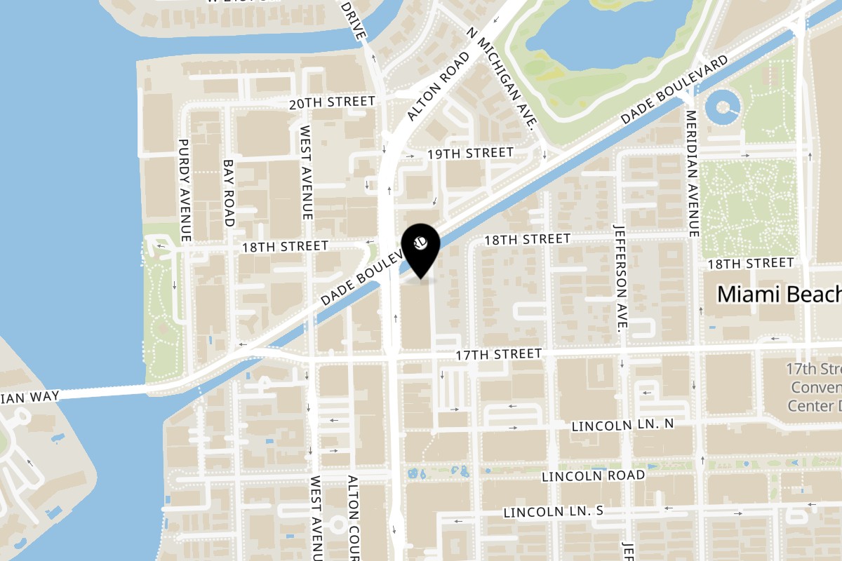 Map showing the location of Naomi's Garden Restaurant & Lounge Naomi's Garden - South Beach on 1755 Alton Rd in Miami Beach